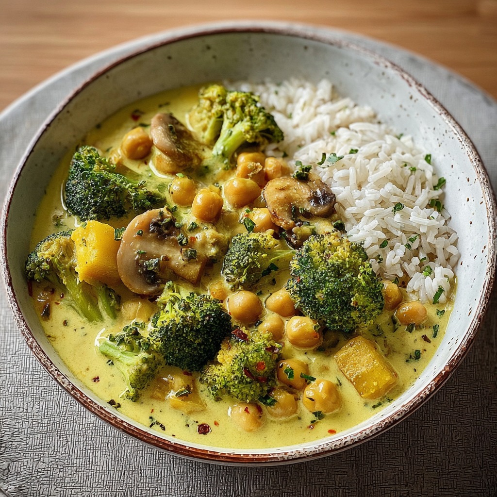 Curry de brocoli, pois chiches et champignons au coco